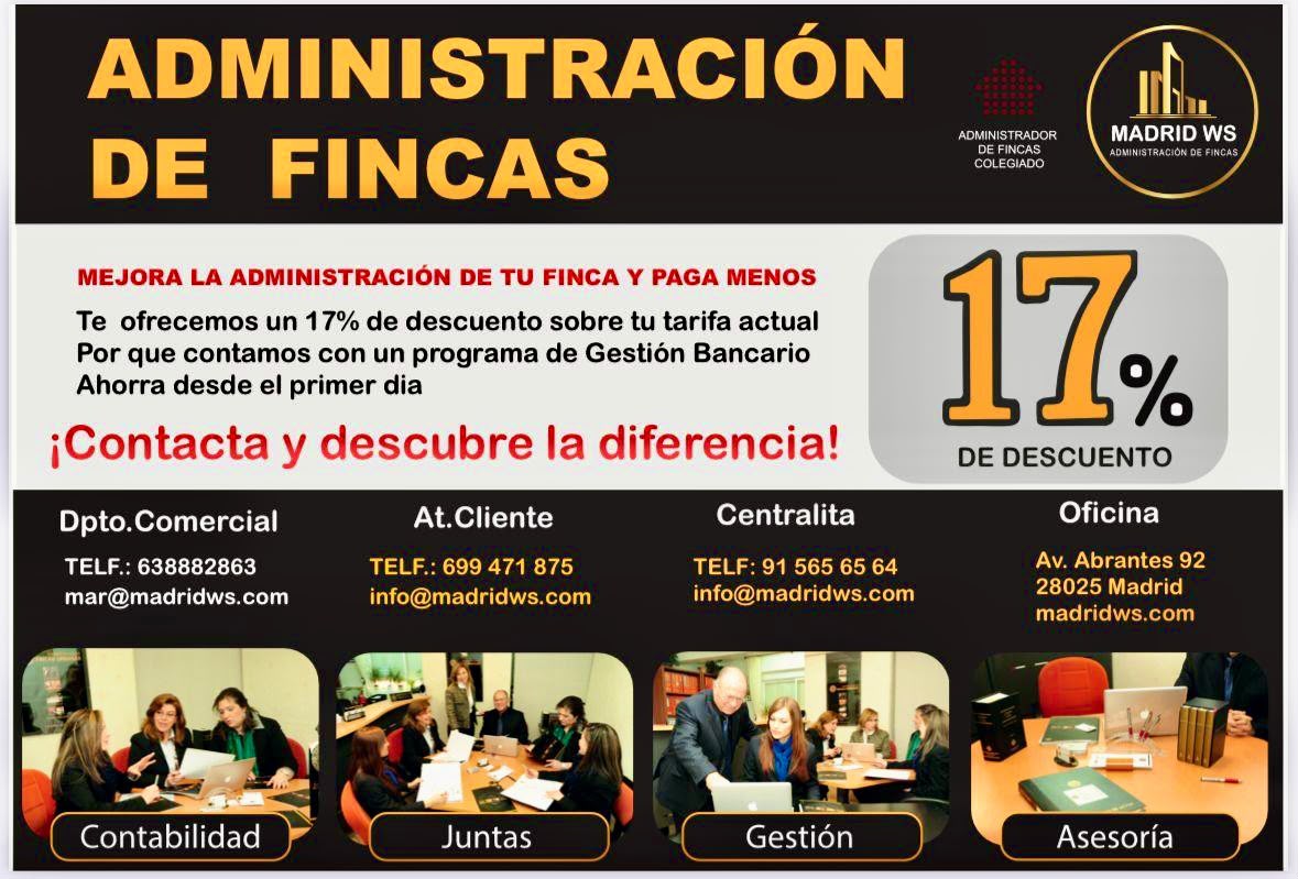 Oferta de Madrid WS: 17 % de descuento en administración de fincas, con teléfonos de contacto del departamento comercial, atención al cliente y centralita.